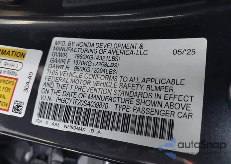 2025 Honda Accord Lx from USA, damaged, VIN 1HGCY1F20SA039870